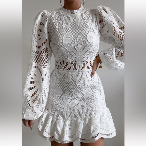 KISS ME NOW MINI DRESS - LONG PUFF SLEEVE DRESS IN WHITE LACE - Picture 1 of 11